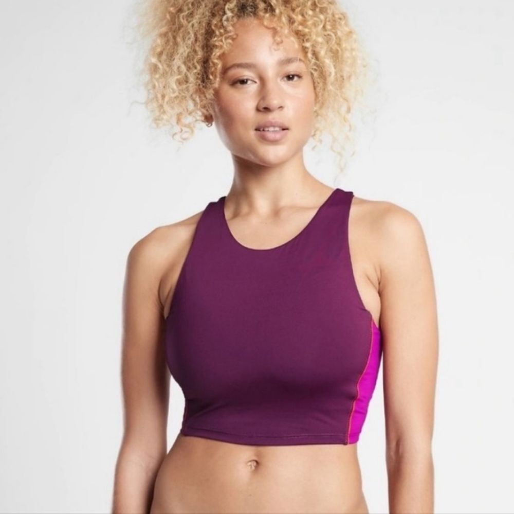 Athleta Colorblock Long Line Swim Top Burgundy/Pink Bra Pads Size Medium